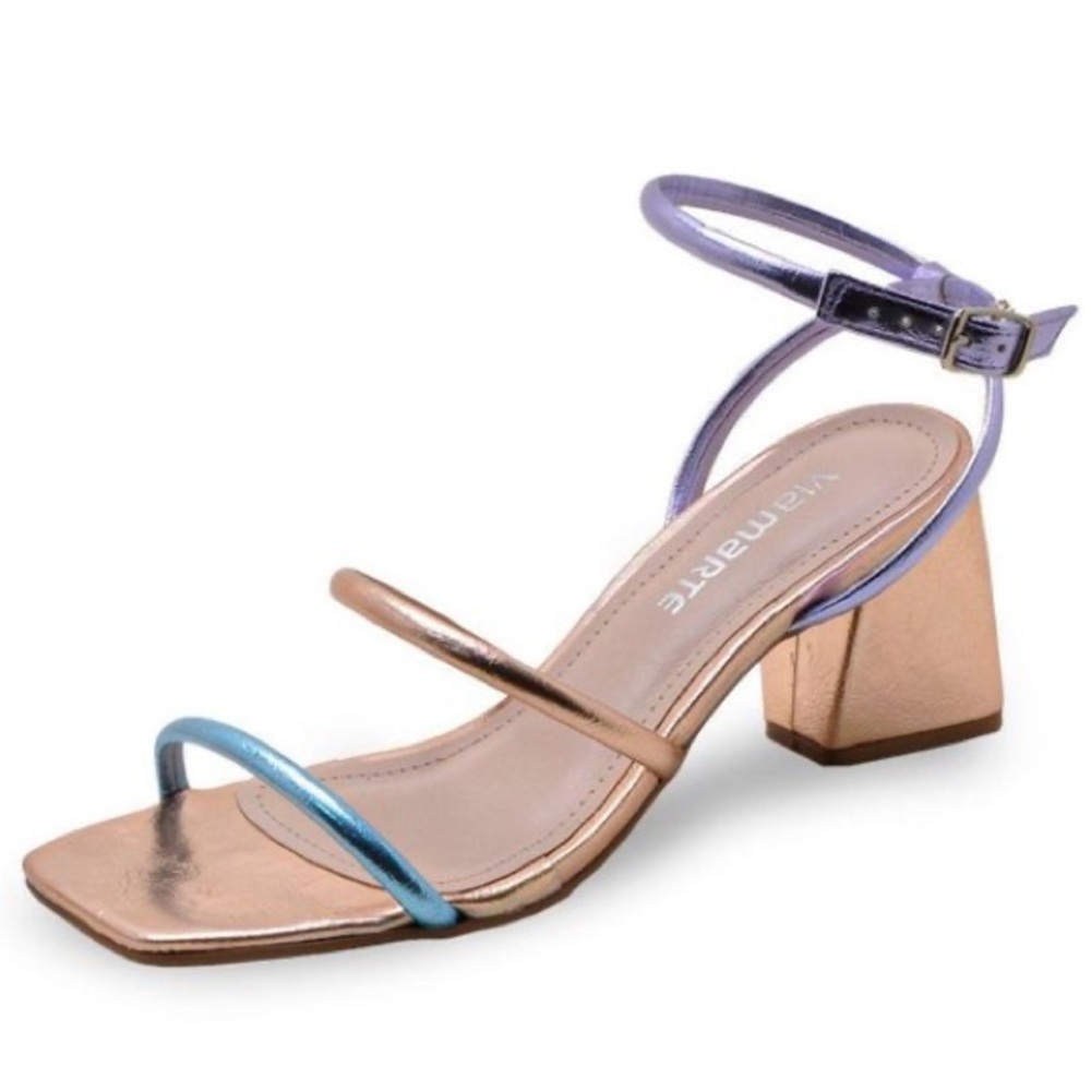 Via Marte Iridescent Strappy Block Heel Sandals - Rose Gold & Lavender Size 9